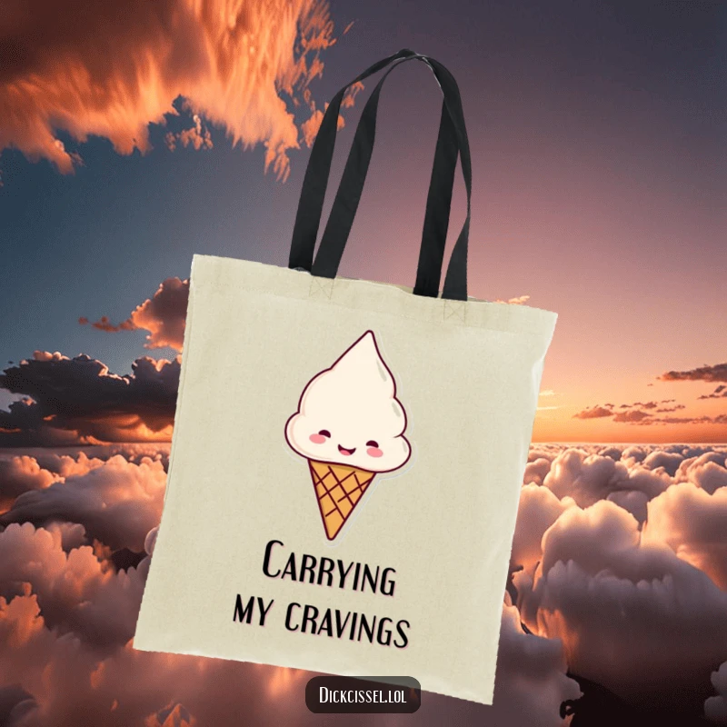 Funny ice cream cone tote bag, smiling and offering a cone, perfect for sweet outings.