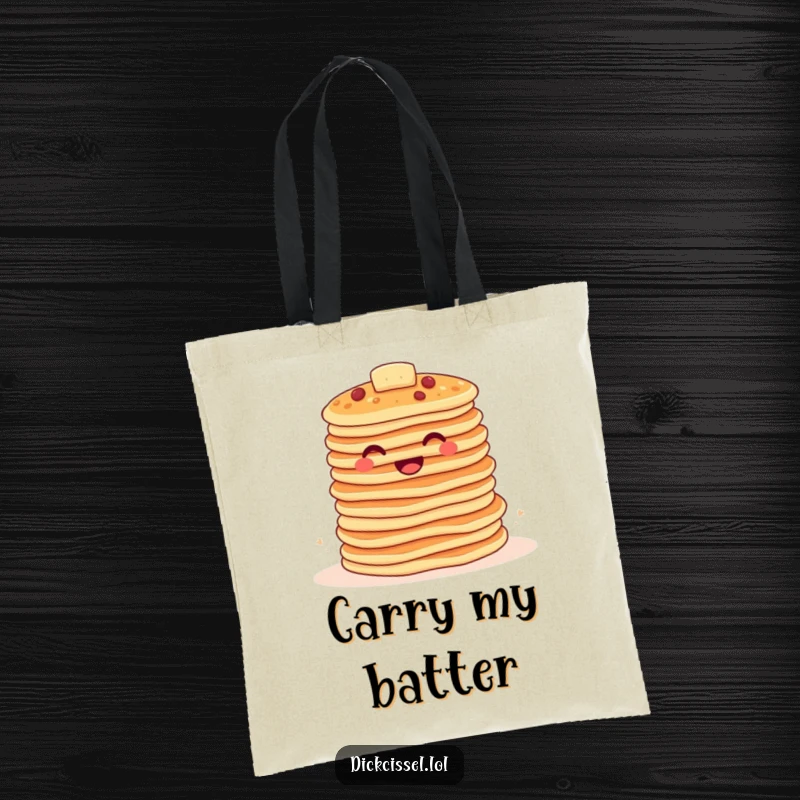 Funny pancake tote bag with a stack of happy pancakes bouncing together, symbolizing breakfast joy and fun.