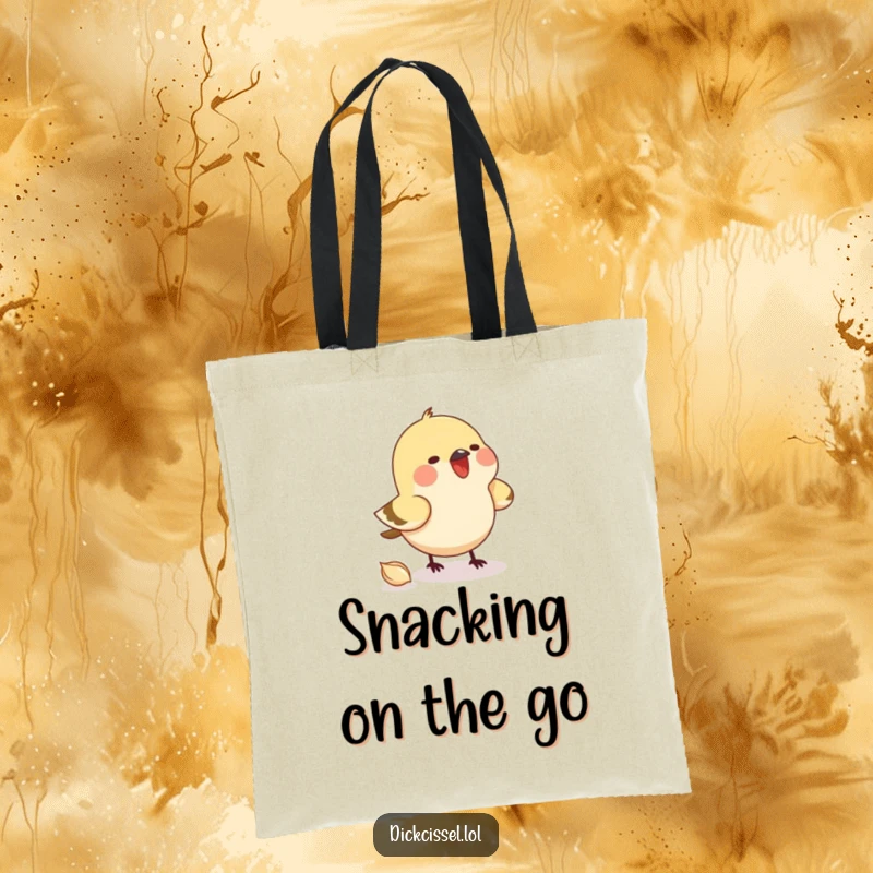 Funny tote bag featuring a small bird enthusiastically pecking at an imaginary seed, symbolizing focused searching. Versatile accessory.