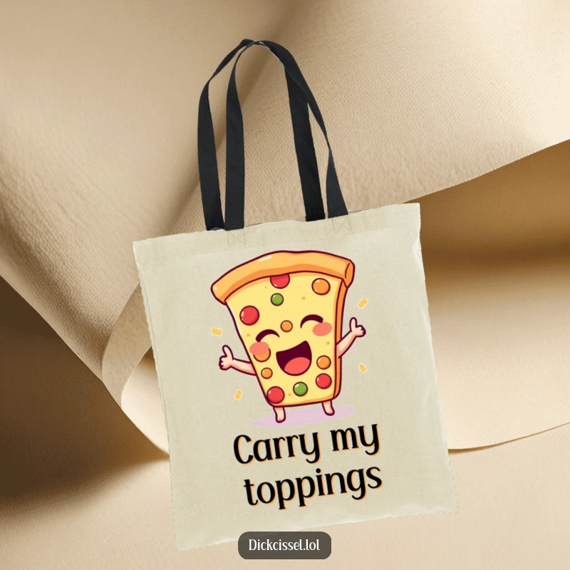 Funny tote bag with an excited pizza slice giving a happy wink, practical for daily use with a savory touch.