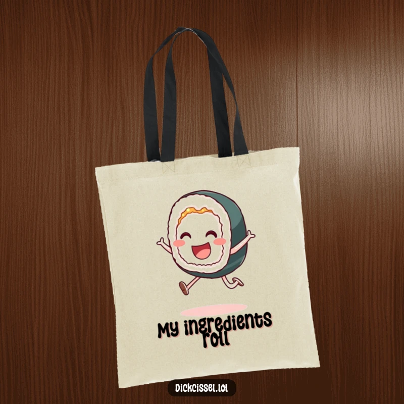 Funny tote bag with a joyful sushi roll mid-leap, practical for carrying items with a touch of whimsy.