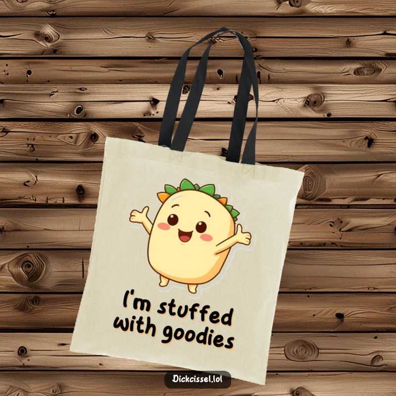 Funny taco exploration tote bag, smiling character with outstretched arms, perfect for carrying essentials with zesty flair. Practical and humorous.