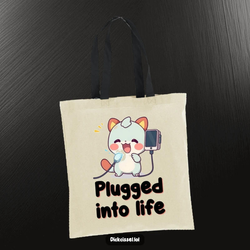 Funny tote bag illustration of a happy creature plugging a bright, glowing cable into a device, perfect for tech enthusiasts.