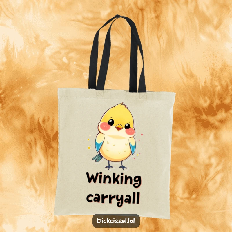 Funny tote bag showcasing a colorful dickcissel bird shape with a bright splash of color, caught in a playful wink.