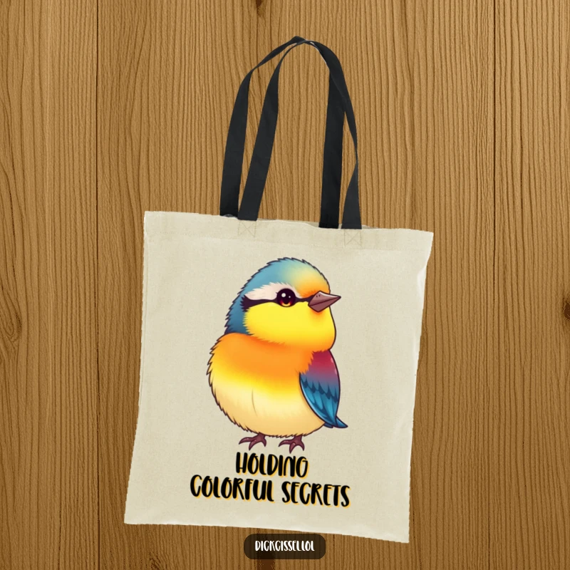 Funny tote bag with a small, plump, vibrantly colored bird tilting its head inquisitively, perfect for carrying items humorously.