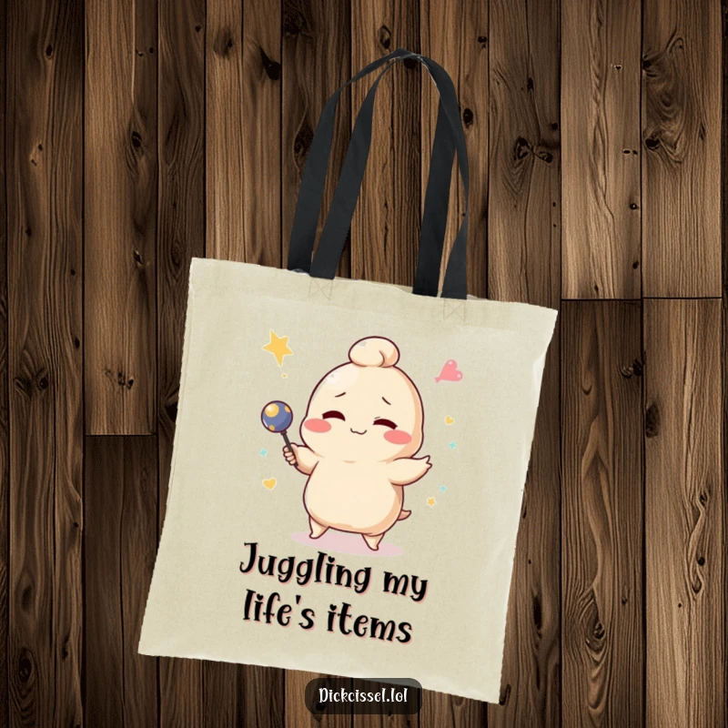 Funny winking dumpling character comically failing at juggling on a durable tote bag, perfect for humor lovers.
