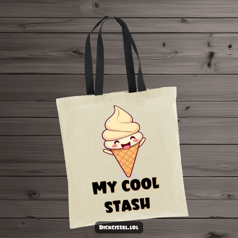Funny tote bag with a gleeful ice cream cone doing a happy spin, practical for daily use with a sweet touch.