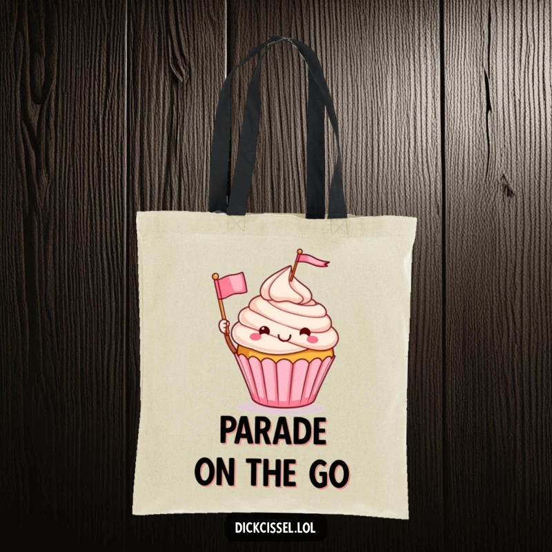 Funny tote bag showcasing a cheerful cupcake character enthusiastically waving a small flag, perfect for groceries or daily essentials, a fun funny gift.