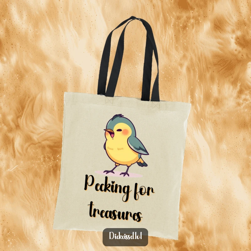 Funny tote bag depicting a stylized dickcissel bird excitedly pecking at a small, brightly glowing dot.