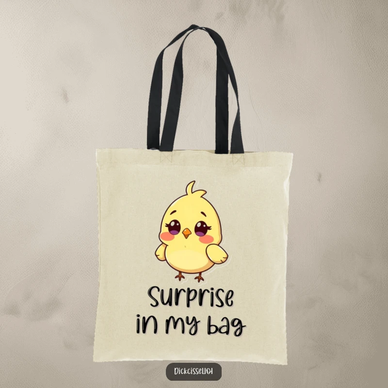 Funny tote bag showing a tiny bird character with wide surprised eyes and wings tilted in a comical fashion.