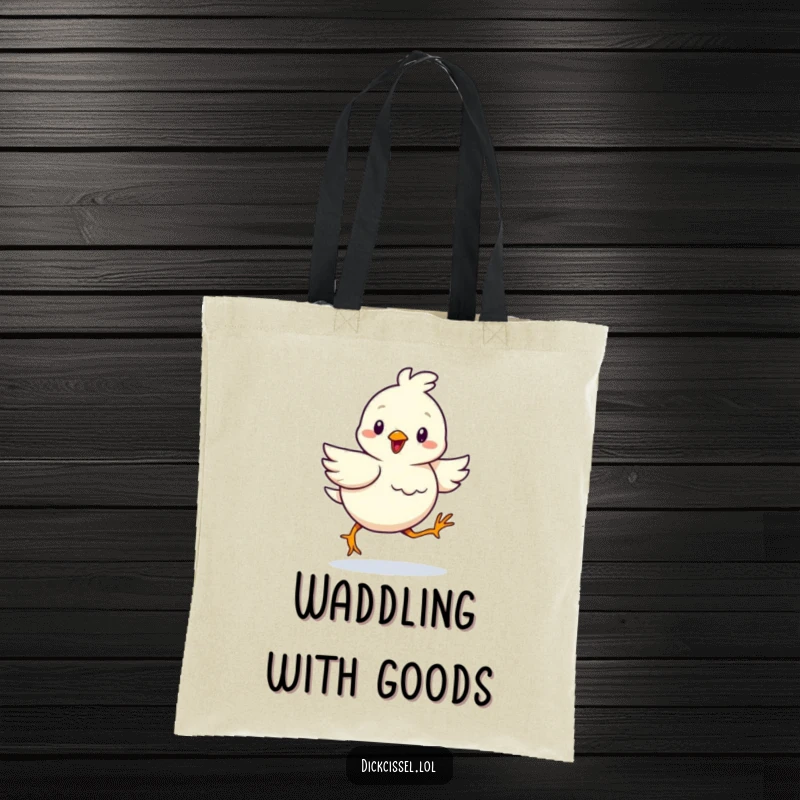 Funny tote bag with a cheerful bird waddling determinedly forward, symbolizing progress and a positive attitude.