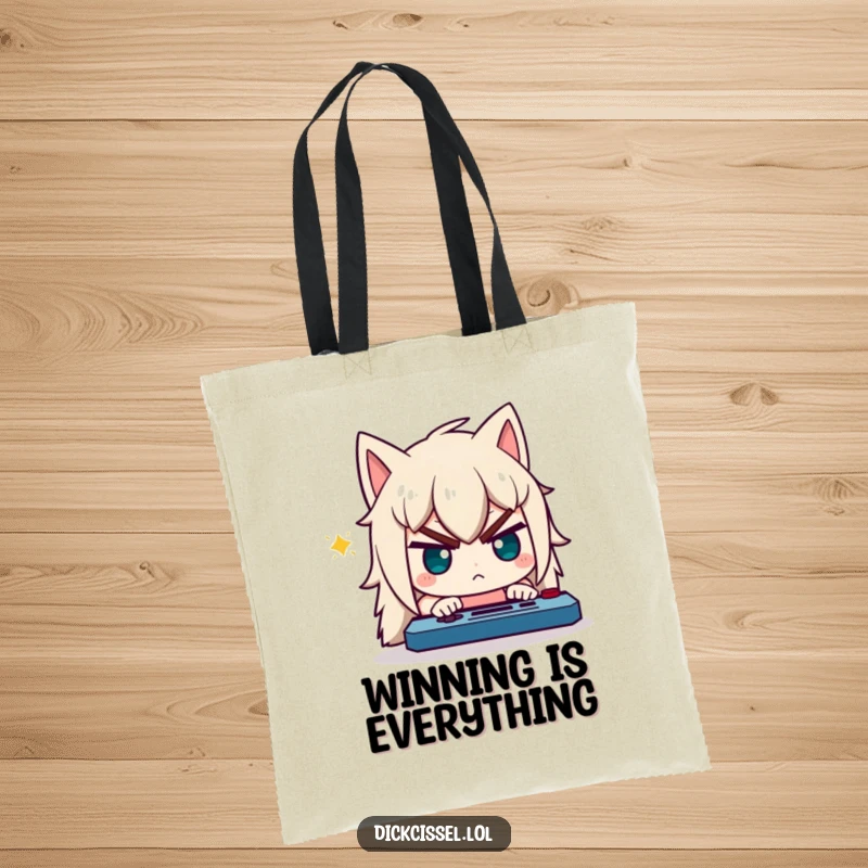 Funny tote bag illustration of a character with a comically determined expression, intensely focused on a video game.